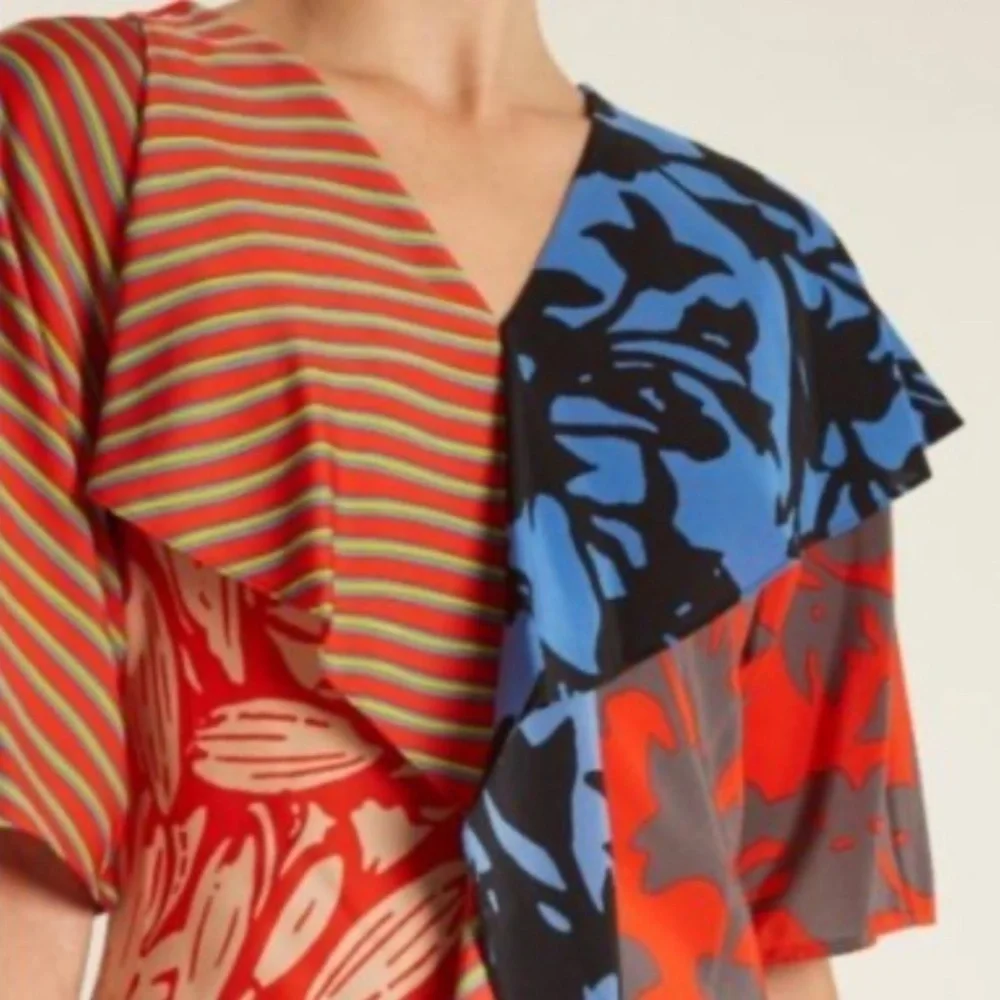 EUC Diane Von Furstenberg Silk Multi Pattern Ruffle Front Dress Sz XS Rtl. $528